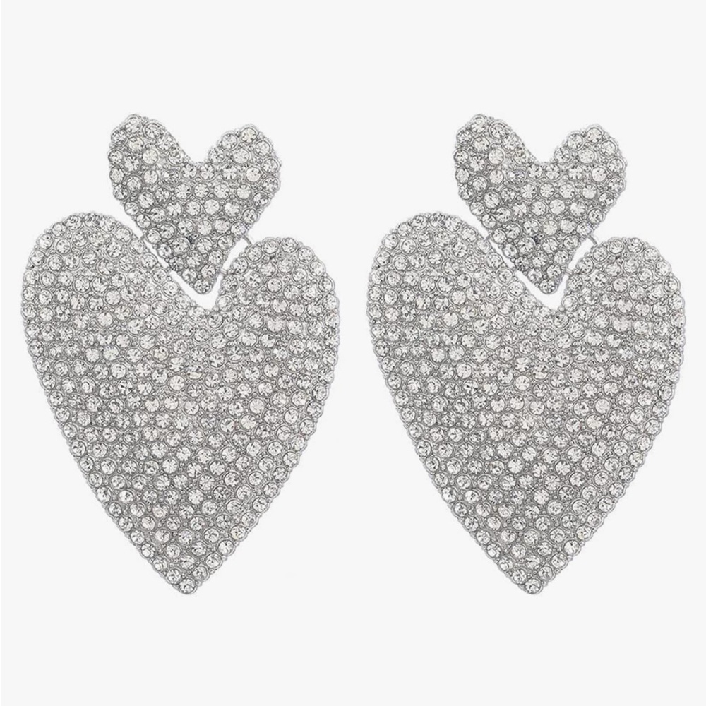 NWT 💎🩶💎 Piper K Sparkling Double Hearts Dangle Statement Earrings - Picture 7 of 16